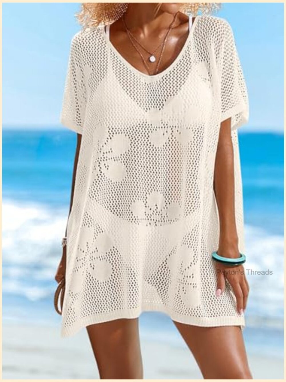Oversized Crochet Beach Cover Up Mini Dress Cap Sleeve Swimsuit Cover Up - Picture 3 of 7